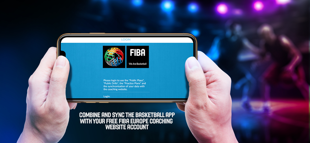 A person holding a smartphone showing the login screen for the FIBA Basketball Coaching app to sync with a website account