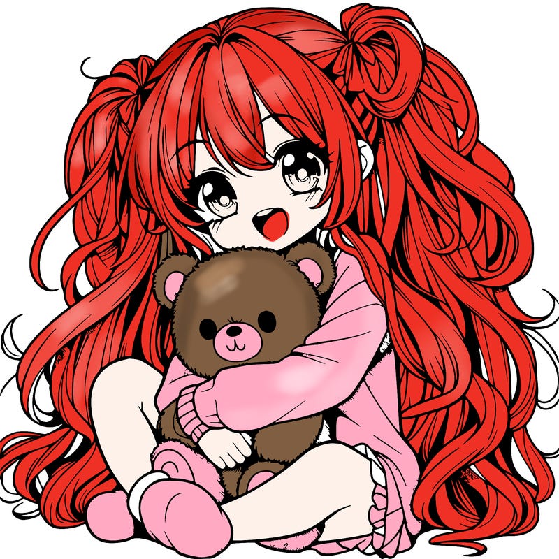 manga girl, long curly hair, happy, cuddling a teddy bear