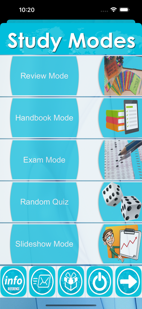 Screen showing five study modes in the Biochemistry and Molecular Biology mobile application.