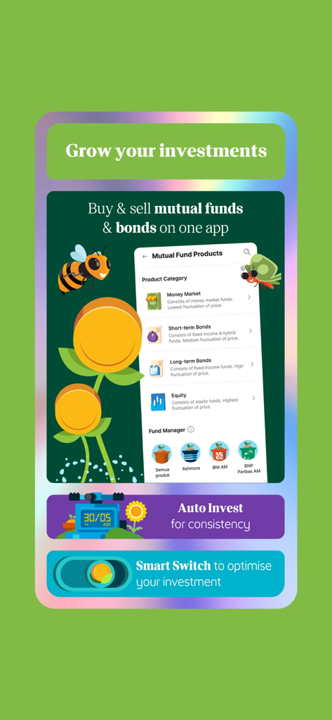 Jenius mobile app screen showing mutual funds and bonds investment options with auto invest and smart switch features