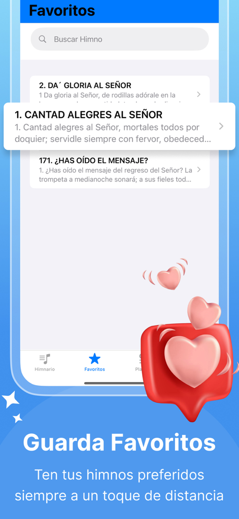 Himnario Nuevo Y Antiguo - Favorites screen of the Himnario Nuevo Y Antiguo app showing a list of saved hymns