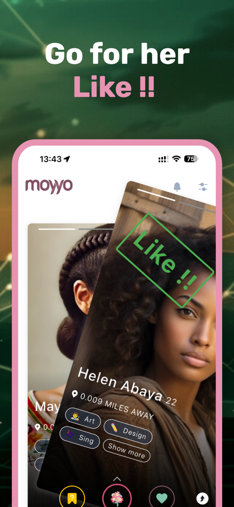 Moyyo - Interface de l'application de rencontre Moyyo montrant un profil avec un tampon 'Like'