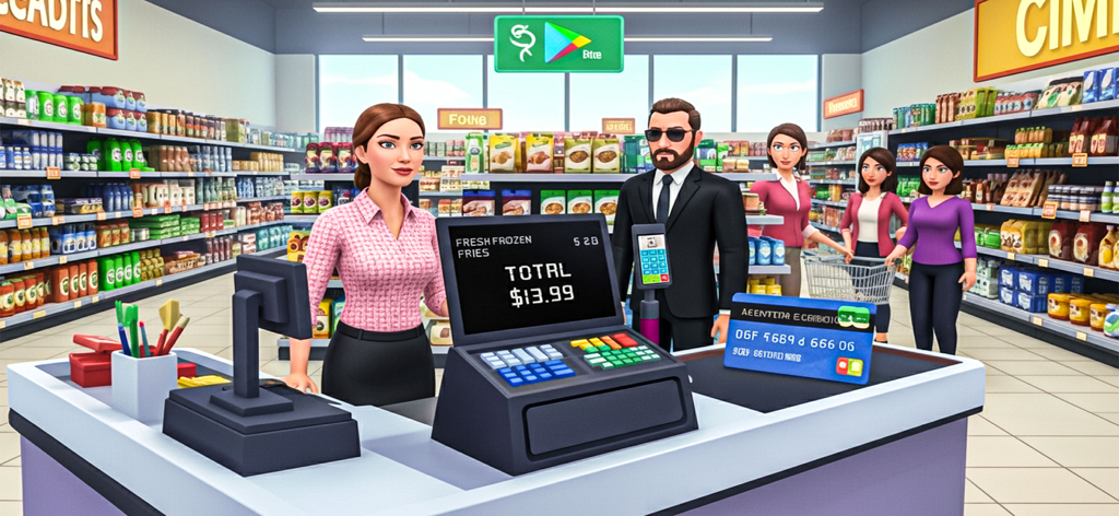 Dog Food Supermarket Simulator - A female cashier at a supermarket checkout counter with customers and grocery shelves in the background
