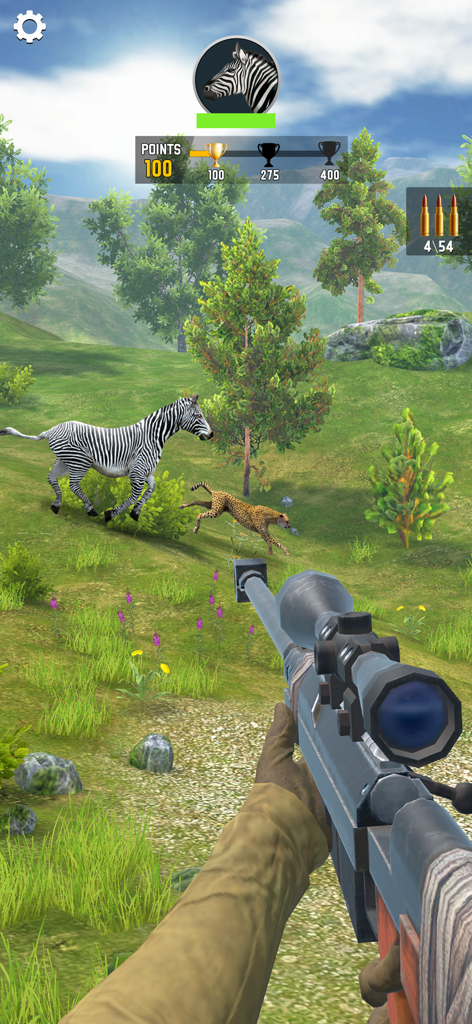 Sniper Shooter Wild - Ego-Perspektive eines Scharfschützengewehrs, das auf ein Zebra und einen Geparden in einer wilden Grasumgebung zielt