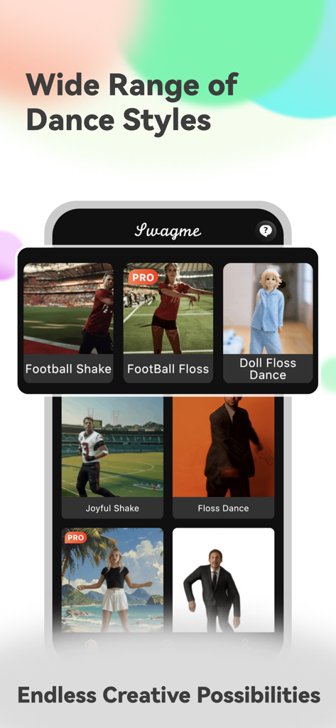 Swagme: AI Dance Animator - Interface de l'application Swagme montrant divers modèles d'animation de danse IA comme Football Shake et Floss Dance
