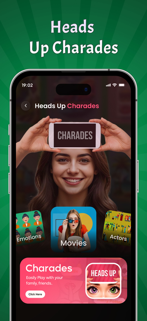 Mobile app interface of Charades Guess the Name showing game categories and a woman playing the forehead game