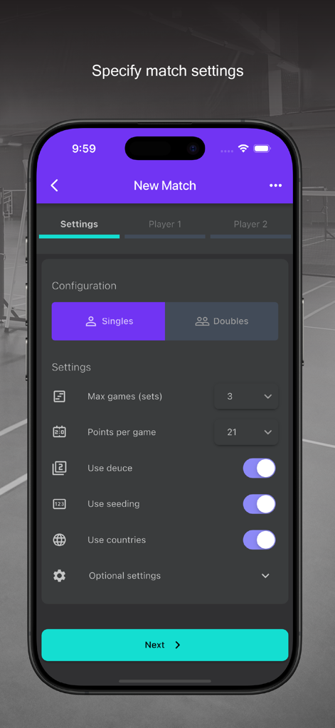 Badminton Scorer Pro - Badminton Scorer Pro app interface showing match configuration settings for singles or doubles and game rules.