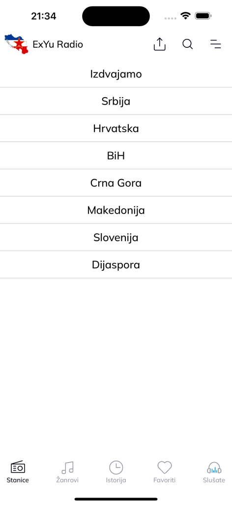 Hauptbildschirm der ExYu Radio App mit Kategorien für Radiosender aus Serbien, Kroatien, Bosnien, Montenegro, Mazedonien und Slowenien