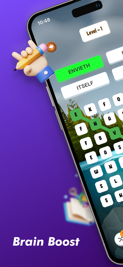 Bible Word Search Puzzle - Bible word search puzzle gameplay screen showing a word search grid and brain boost text