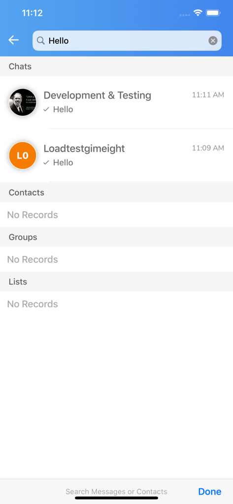 Schermata di ricerca dell'app di messaggistica Sandes che mostra i risultati della chat per la parola chiave Hello.
