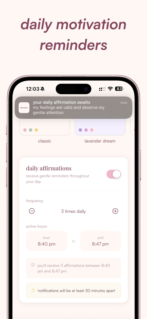 affirmations - self love daily - A smartphone screen displaying reminder settings for the daily affirmations app with a sample notification banner
