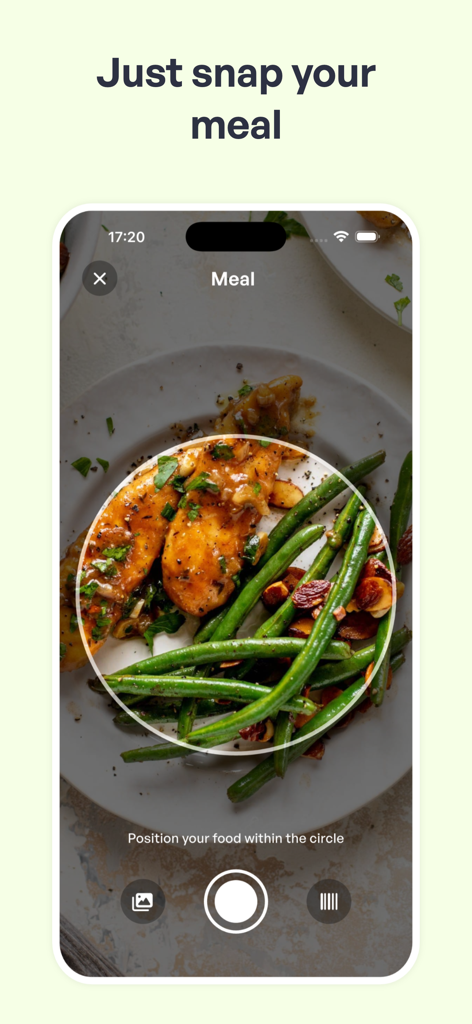 Miobi: AI Calorie Tracker - Miobi app interface showing a camera view capturing a plate of chicken and green beans for AI calorie tracking