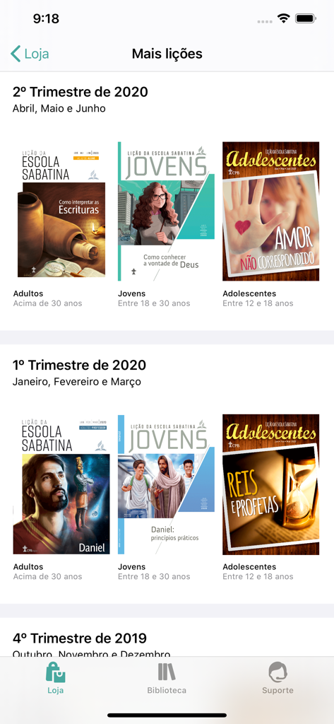 Lição da Escola Sabatina - Interface do aplicativo Licao da Escola Sabatina mostrando as lições disponíveis para adultos, jovens e adolescentes de diferentes trimestres