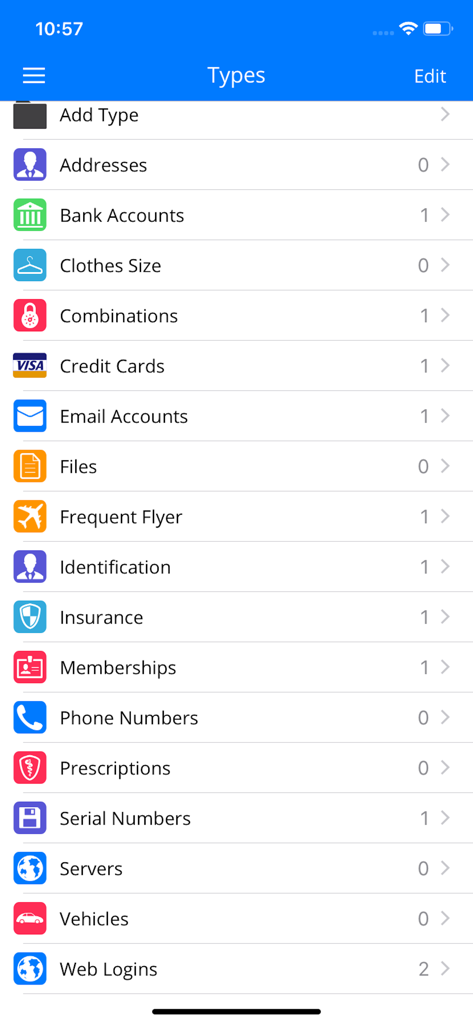 Lista de categorias de dados seguros no gerenciador de senhas SplashID Safe