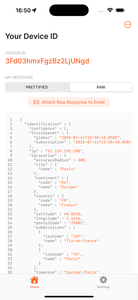 Fingerprint Pro interface displaying a unique visitor ID and detailed identification data in JSON format including location and IP information