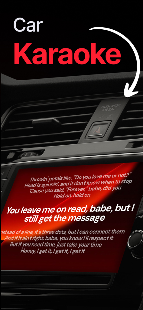 Song lyrics displayed on a car dashboard screen for a car karaoke experience using the Dynamic Lyrics app.