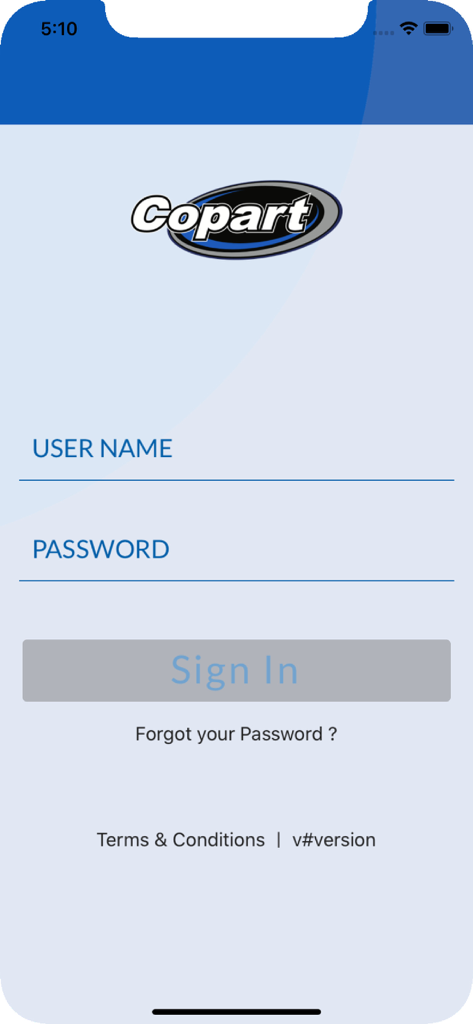 Login screen of the Copart Seller Mobile app with username and password input fields.
