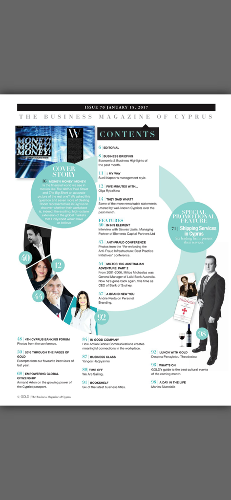 Gold Magazine - Table of contents for Gold Magazine showing business and finance articles about Cyprus
