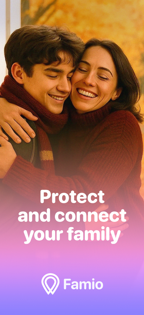 Famio: Find My Family, Friends - Madre e figlio che si abbracciano con lo slogan dell'app Famio Proteggi e connetti la tua famiglia