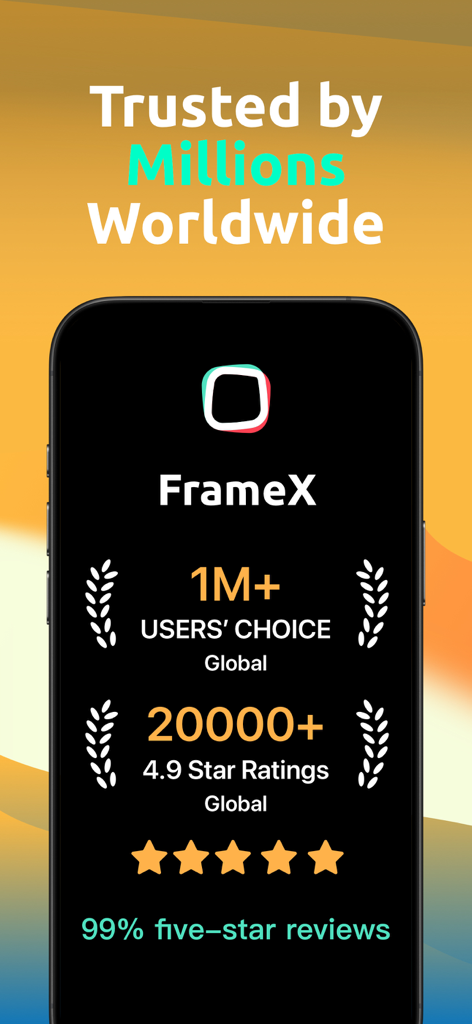 Marketing screen for FrameX app showcasing over one million users and a 4.9 star rating with 99 percent five-star reviews