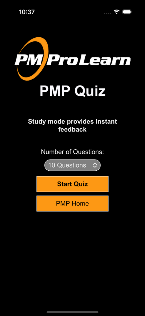 문제 수 선택 및 세션 시작 옵션을 보여주는 PMP 퀴즈 시작 화면.