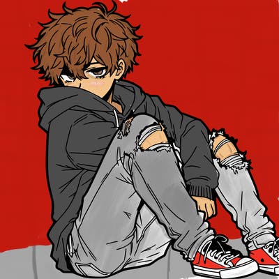 a male hoddie ripped jeans messy hair anime