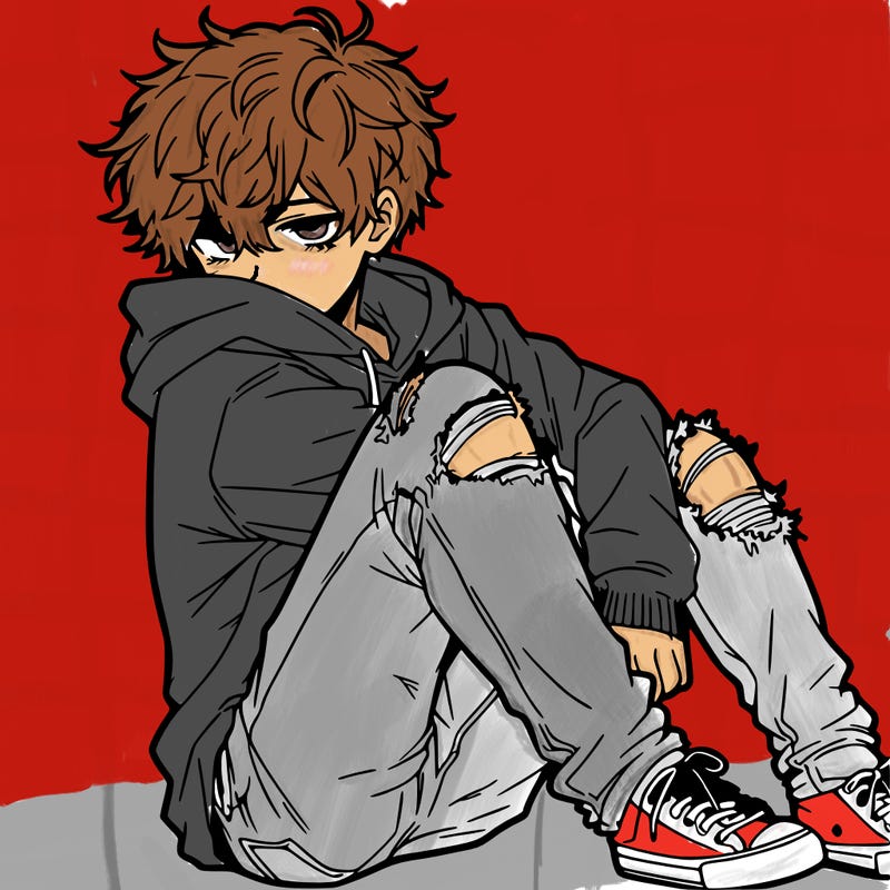 a male hoddie ripped jeans messy hair anime