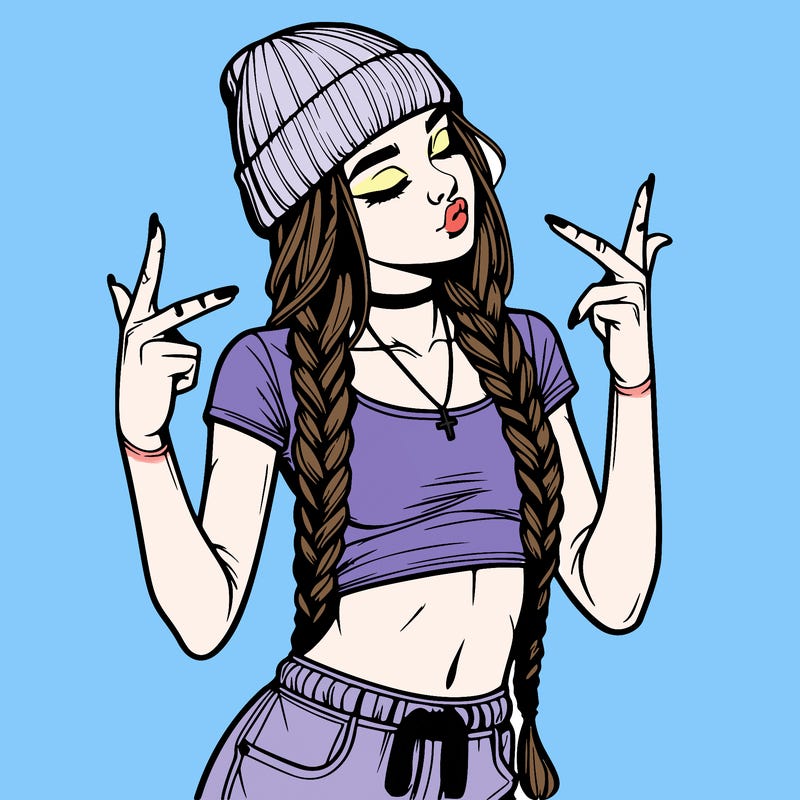 realistic teenage girl with braids and a beanie and crop top doing 🫶🏼