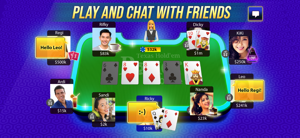 Texas Hold'em Poker Online - Un tavolo da poker Texas Holdem online con chat live tra i giocatori e interazioni social
