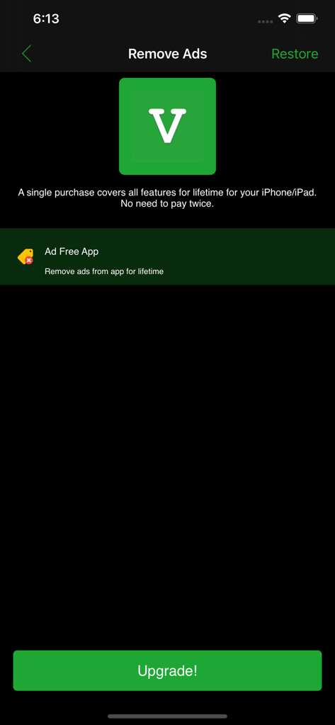 GRE English Vocabulary Builder app remove ads and upgrade screen