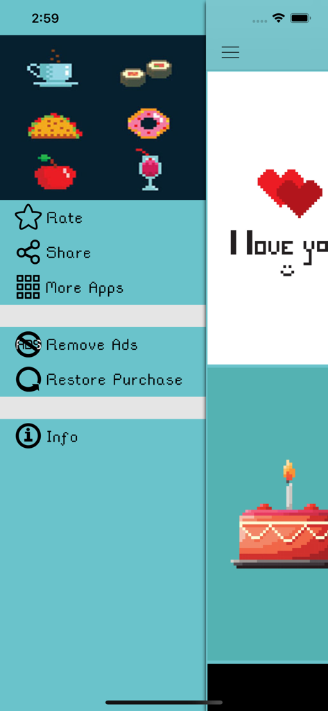 Interface da app Pixel 8bit Wallpapers mostrando um menu lateral com ícones de pixel art retrô e categorias de wallpapers