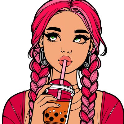realistic girl with braided hair drinking boba