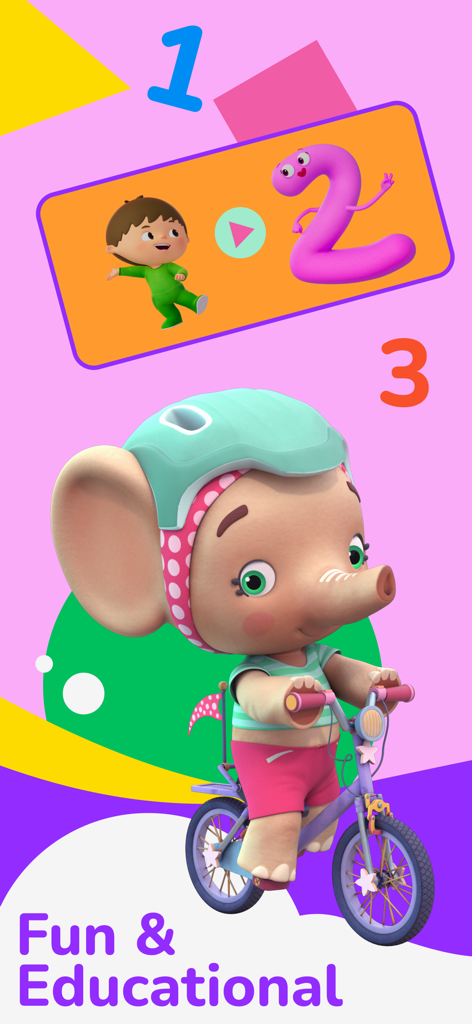 Cartoon elephant riding a bicycle with educational numbers for kids