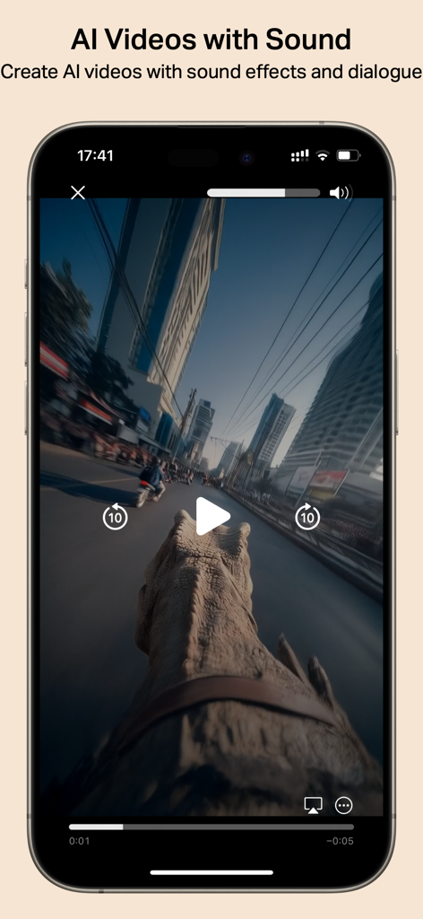 Cinematic AI: Create AI Videos - Interface of the Cinematic AI app displaying an AI generated video of a dinosaur walking through a city with sound effects and dialogue options