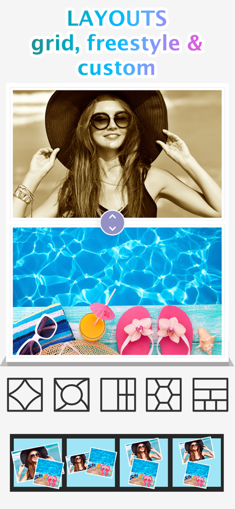 Photo Collage Montage & Layout - Interfaz de la aplicación de fotocollage que muestra opciones de diseño de cuadrícula y estilo libre con fotos de viajes de verano