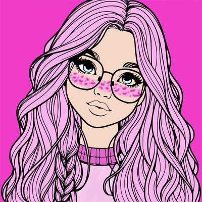 girl with long hair and freckles and glasses realistic