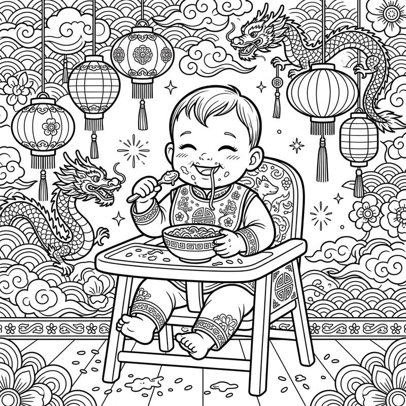 Experience the joy of a baby's first Lunar New Year feast with this delightful coloring page. Featuring playful messiness, dragons, and traditional lanterns, it's perfect for celebrating new beginnings.
