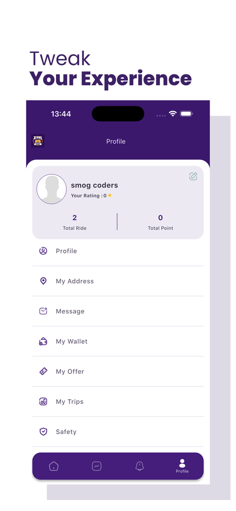 Zuri Ride app user profile interface displaying account management options and trip statistics.