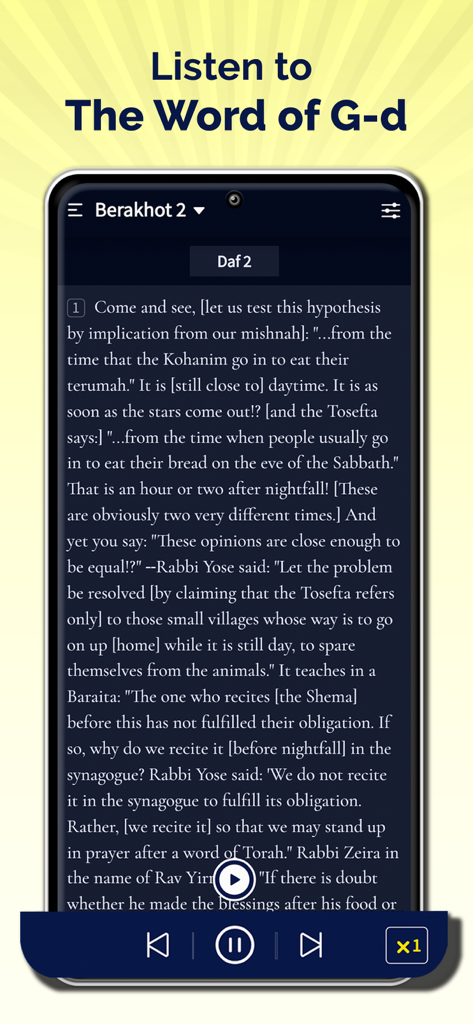 Smartphone displaying the Jerusalem Talmud in English with an integrated audio player for listening to the text.