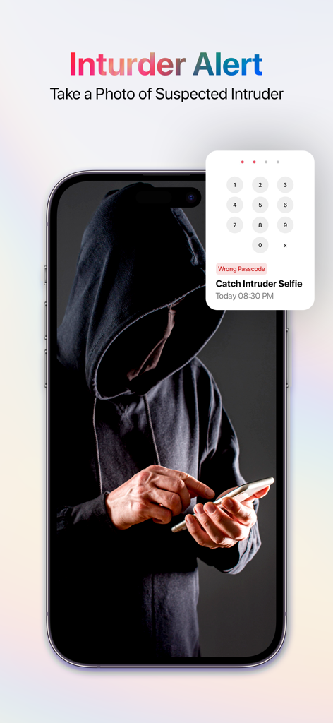iVault: Hide Photos & Videos - iVault app intruder alert feature showing a suspected intruder photo and a wrong passcode notification