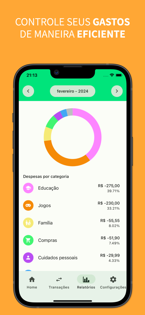 Cadê meu dinheiro? - Expense category donut chart and financial reports in the Where's My Money app.