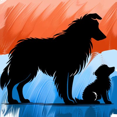 silhouette of a shepherd with his still and baby dog