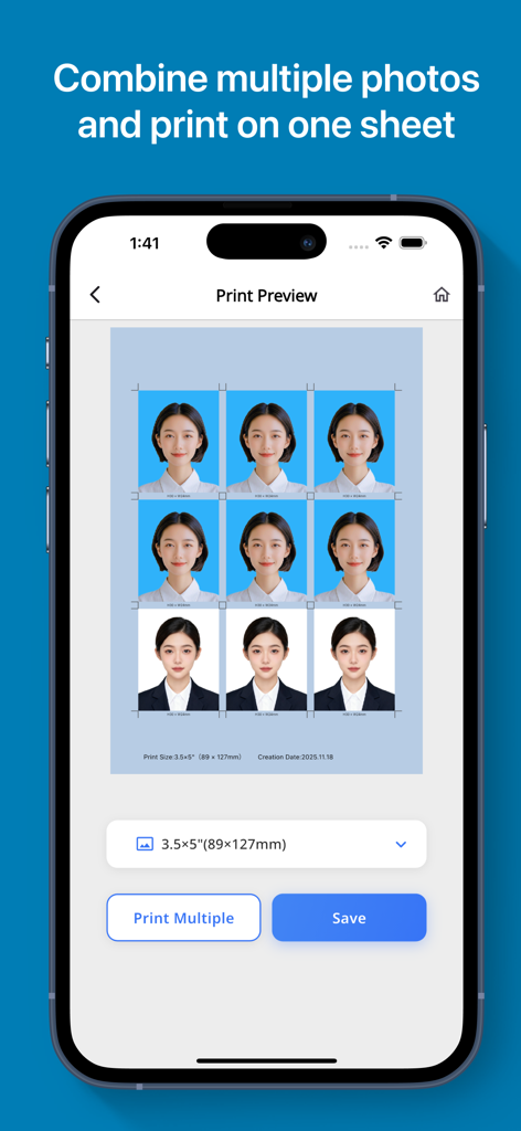 Passport Photo-ID Photo Snap - Una interfaz de aplicación móvil que muestra una vista previa de impresión de nueve fotos de identificación dispuestas en una sola hoja para imprimir.