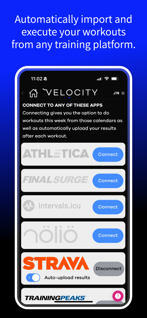 Velocity Cycling - Velocity Cycling app interface showing integration options for connecting third-party platforms like Strava and TrainingPeaks