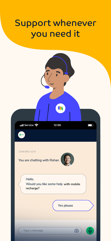 A screenshot of the NOW Money app showing its customer support chat feature where a representative is assisting with a mobile recharge.