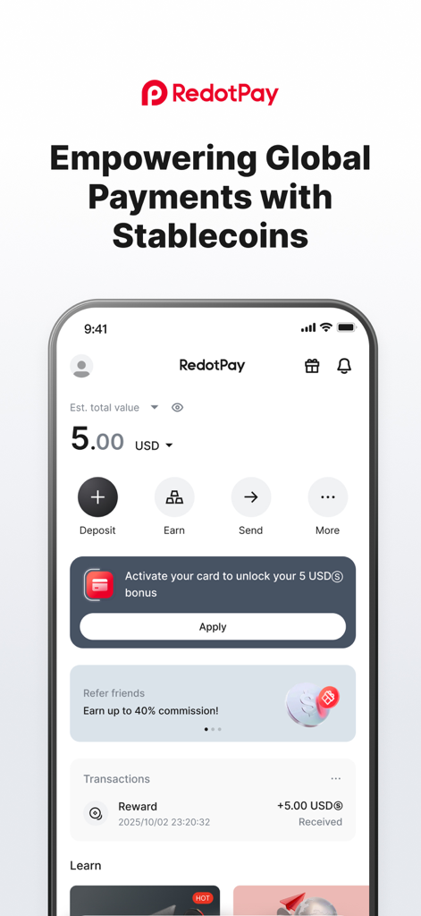 RedotPay: Crypto Card & Pay - RedotPay App-Startbildschirm mit USD-Guthaben und Optionen für Einzahlung, Verdienen und Senden.