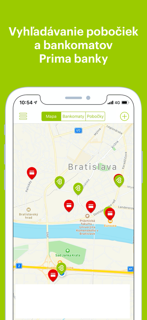 Mobile app screen showing a map of Bratislava with markers for Prima banka ATMs and branches