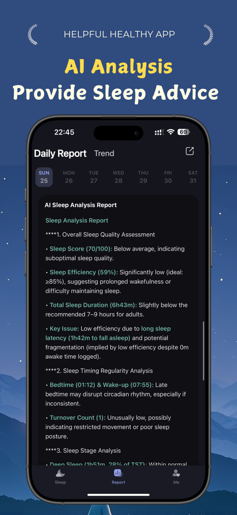 Kitten Sleep - Interface do aplicativo Kitten Sleep mostrando um relatório detalhado de análise de sono por IA com conselhos de saúde personalizados e métricas de sono.