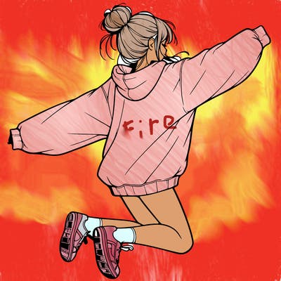 realistic girl jumping with a bun and oversized sweatshirt