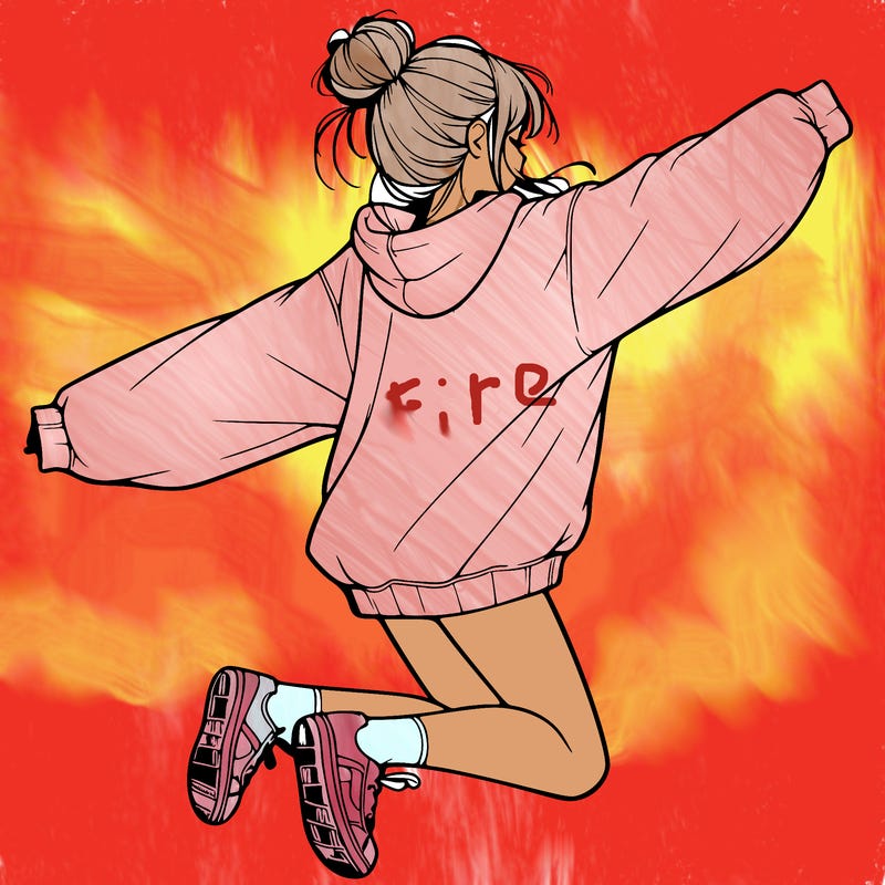 realistic girl jumping with a bun and oversized sweatshirt